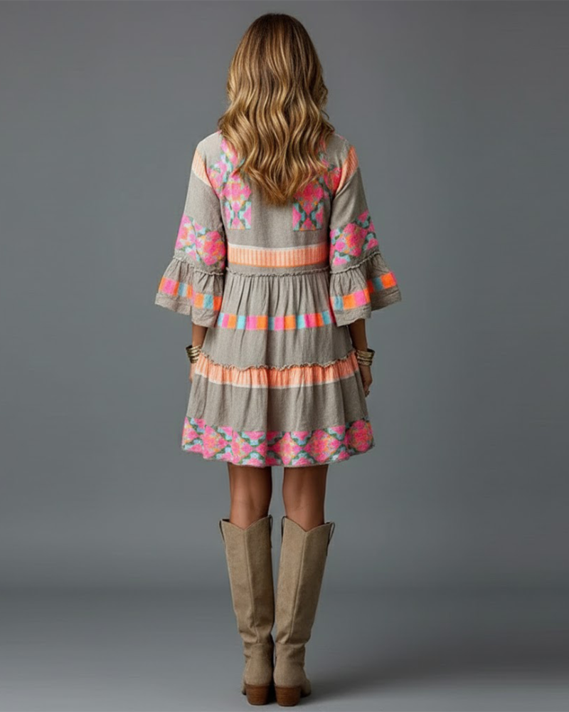 Women's Bohemian Dress – Flowing Printed Dress, Flared Sleeves & Colorful Style
