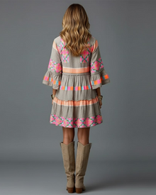 Women's Bohemian Dress – Flowing Printed Dress, Flared Sleeves & Colorful Style