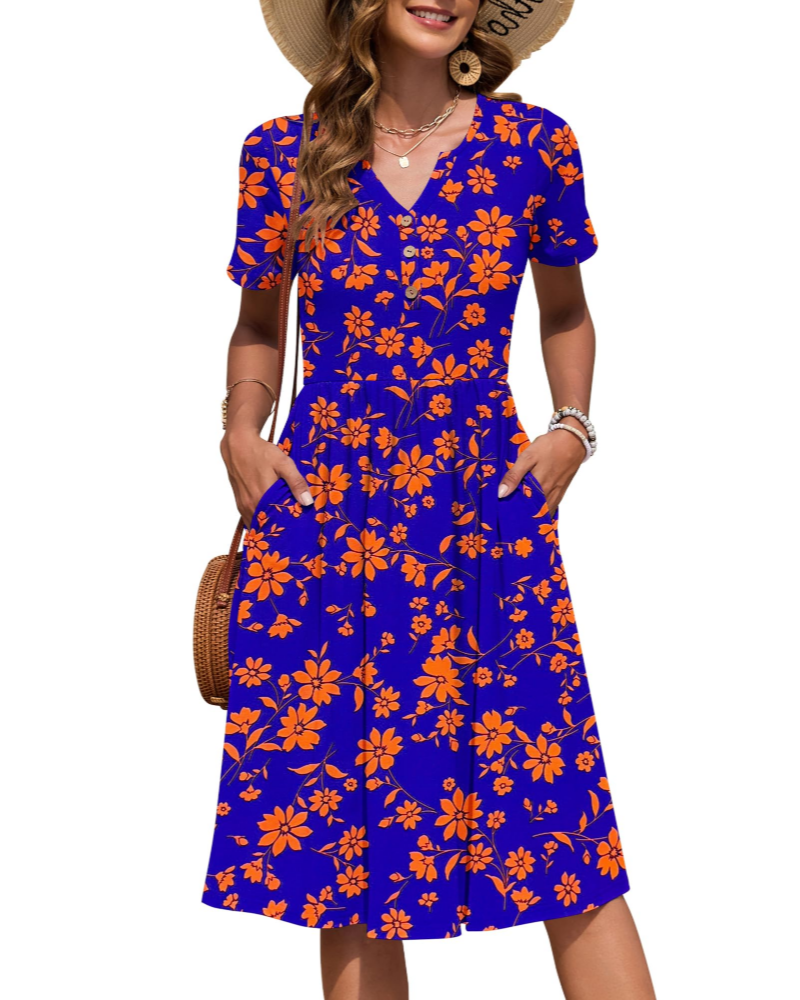 Ester Women's Dress – Mid-Length Summer Dress with V-Neck, Short Sleeves, Buttoned, Empire Waist, Pockets