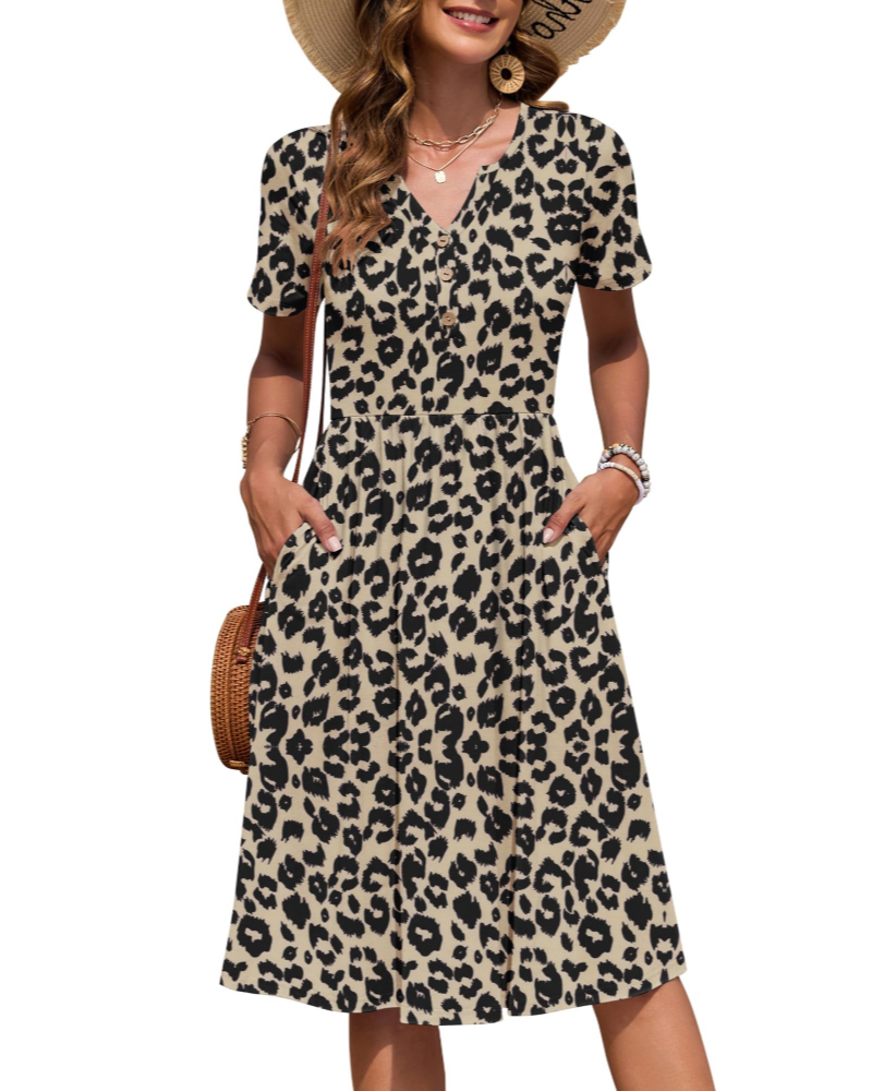 Ester Women's Dress – Mid-Length Summer Dress with V-Neck, Short Sleeves, Buttoned, Empire Waist, Pockets