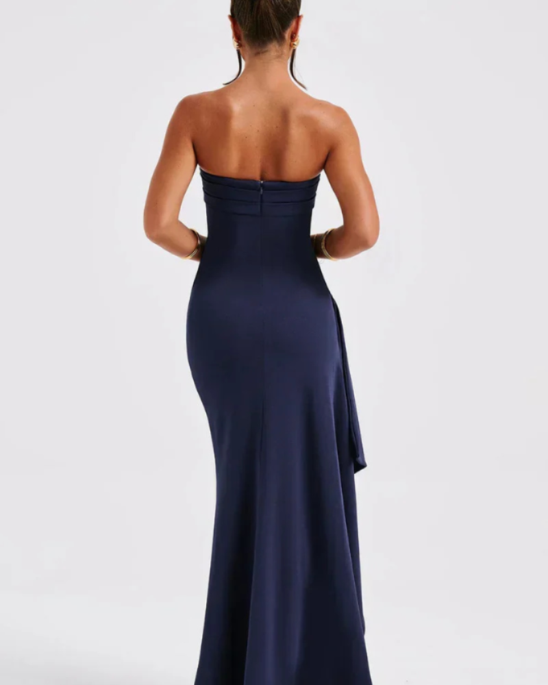 Milca Women's Evening Dress – Long Ruched Bustier Dress, High Slit & Chic Elegance