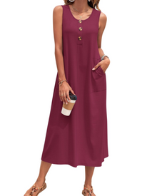 Julia Women's Robe – Sleeveless Button-Down A-Line Maxi Dress with Pockets Summer Casual