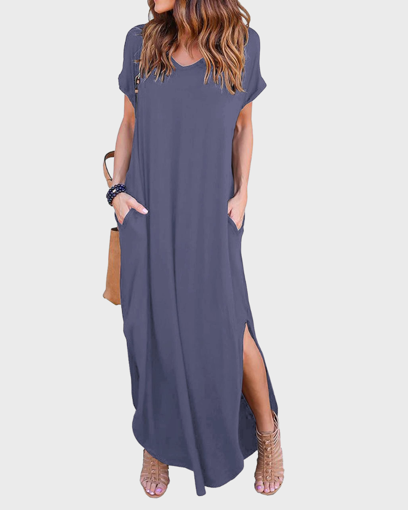 Rosenda Women's Maxi Dress – V-Neck, Short Sleeves, Flowing Fit & Slit with Pockets Summer