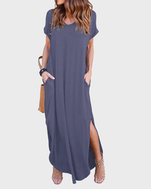 Rosenda Women's Maxi Dress – V-Neck, Short Sleeves, Flowing Fit & Slit with Pockets Summer