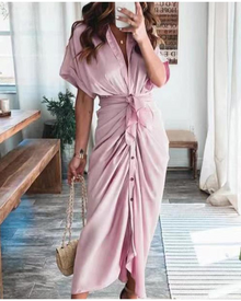 Mona Satin Maxi Dress for Women – Draped Cross-Over Dress, Slit & Evening Elegance