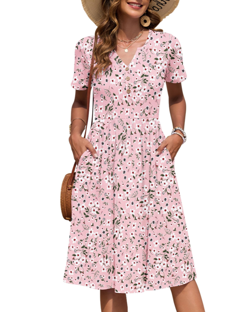 Ester Women's Dress – Mid-Length Summer Dress with V-Neck, Short Sleeves, Buttoned, Empire Waist, Pockets