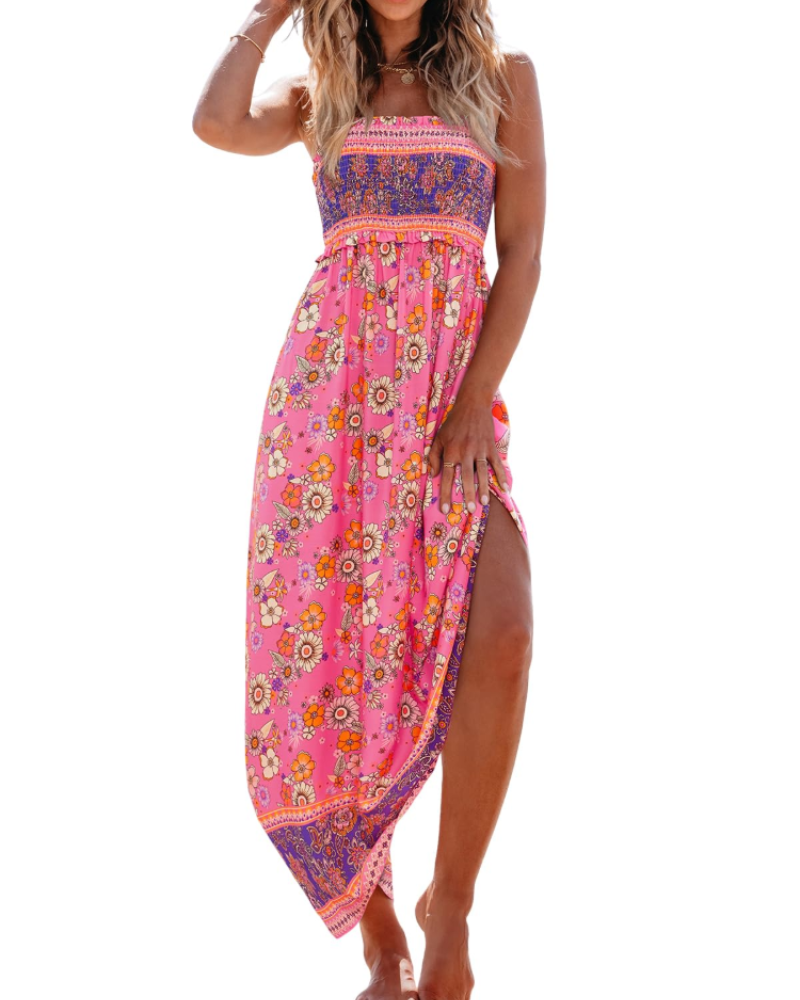 Jheda Long Dress for Women – Floral Maxi Dress with Smocked Bodice, Thin Straps, Ruffles, Bohemian Chic Summer Style