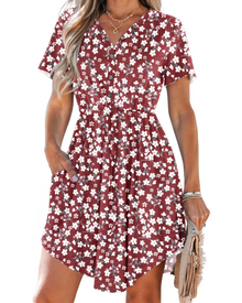 Wenna Women's Dress – Mini V-Neck Dress with Short Sleeves, Drawstring Waist, and Pockets for Summer