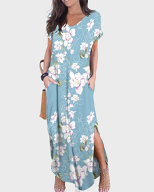 Rosenda Women's Maxi Dress – V-Neck, Short Sleeves, Flowing Fit & Slit with Pockets Summer