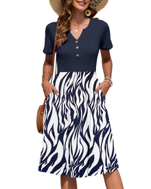Ester Women's Dress – Mid-Length Summer Dress with V-Neck, Short Sleeves, Buttoned, Empire Waist, Pockets