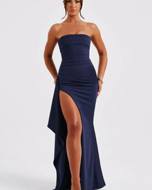 Milca Women's Evening Dress – Long Ruched Bustier Dress, High Slit & Chic Elegance
