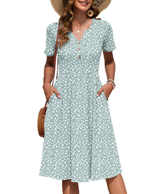 Ester Women's Dress – Mid-Length Summer Dress with V-Neck, Short Sleeves, Buttoned, Empire Waist, Pockets