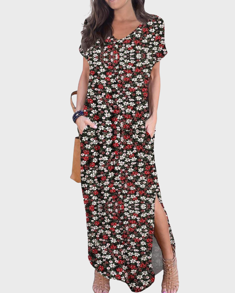 Rosenda Women's Maxi Dress – V-Neck, Short Sleeves, Flowing Fit & Slit with Pockets Summer