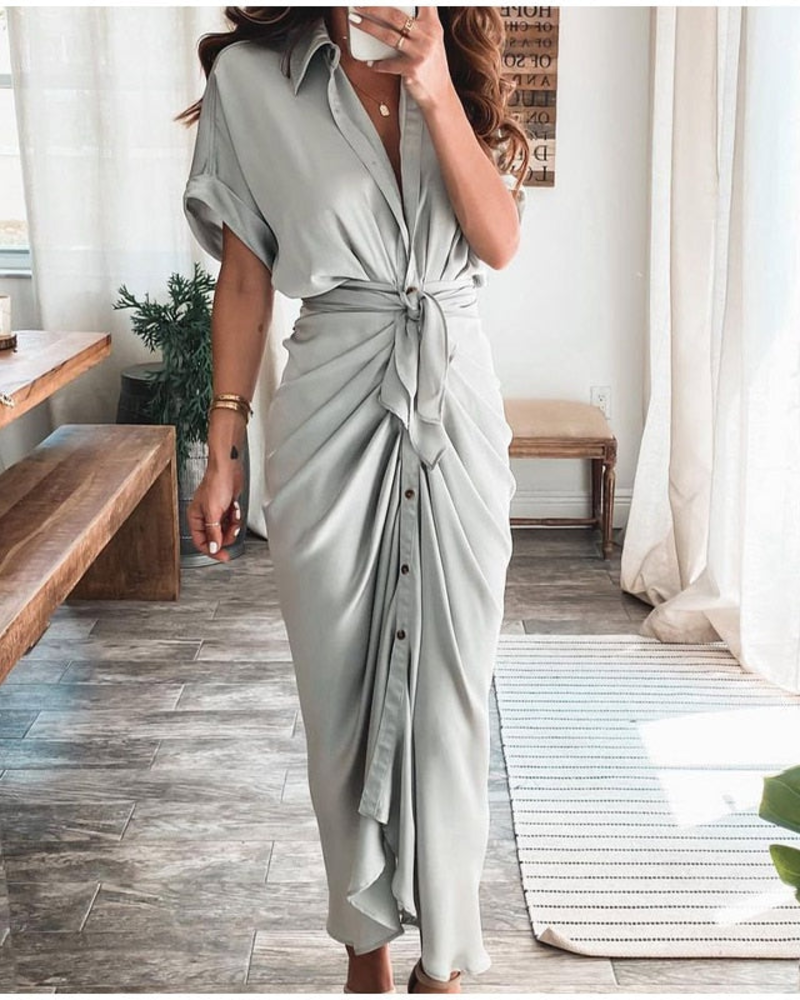 Mona Satin Maxi Dress for Women – Draped Cross-Over Dress, Slit & Evening Elegance