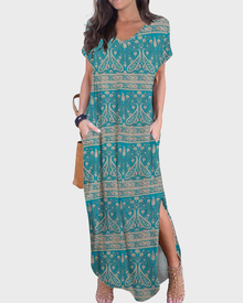 Rosenda Women's Maxi Dress – V-Neck, Short Sleeves, Flowing Fit & Slit with Pockets Summer