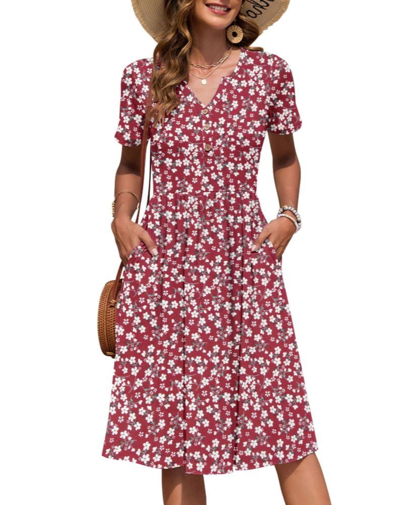 Ester Women's Dress – Mid-Length Summer Dress with V-Neck, Short Sleeves, Buttoned, Empire Waist, Pockets