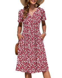 Ester Women's Dress – Mid-Length Summer Dress with V-Neck, Short Sleeves, Buttoned, Empire Waist, Pockets