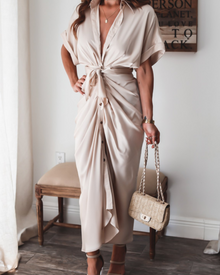 Mona Satin Maxi Dress for Women – Draped Cross-Over Dress, Slit & Evening Elegance
