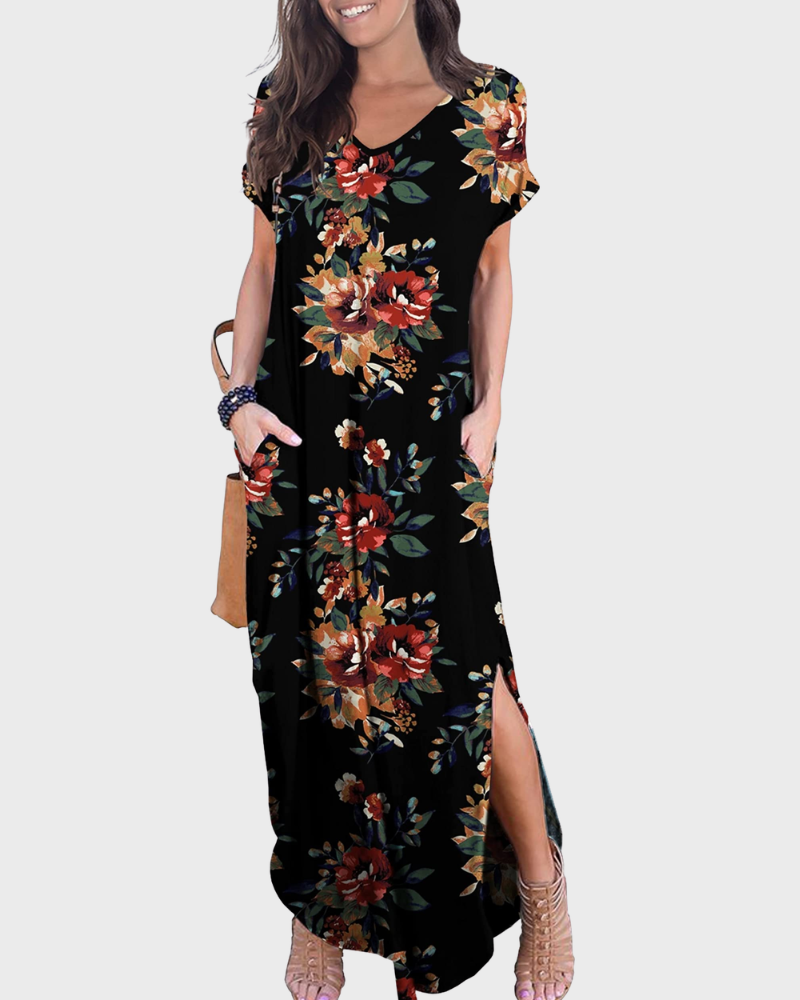 Rosenda Women's Maxi Dress – V-Neck, Short Sleeves, Flowing Fit & Slit with Pockets Summer