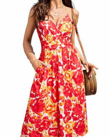 Verna Midi Dress for Women – Floral V-Neck Dress with Thin Straps, A-Line Cut, and Pockets