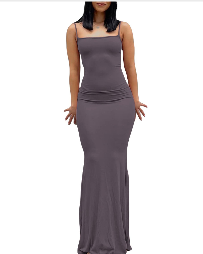 Aled Women's Dress – Bodycon Maxi with V-Neck and Thin Straps, Elegant Fitted Evening Dress