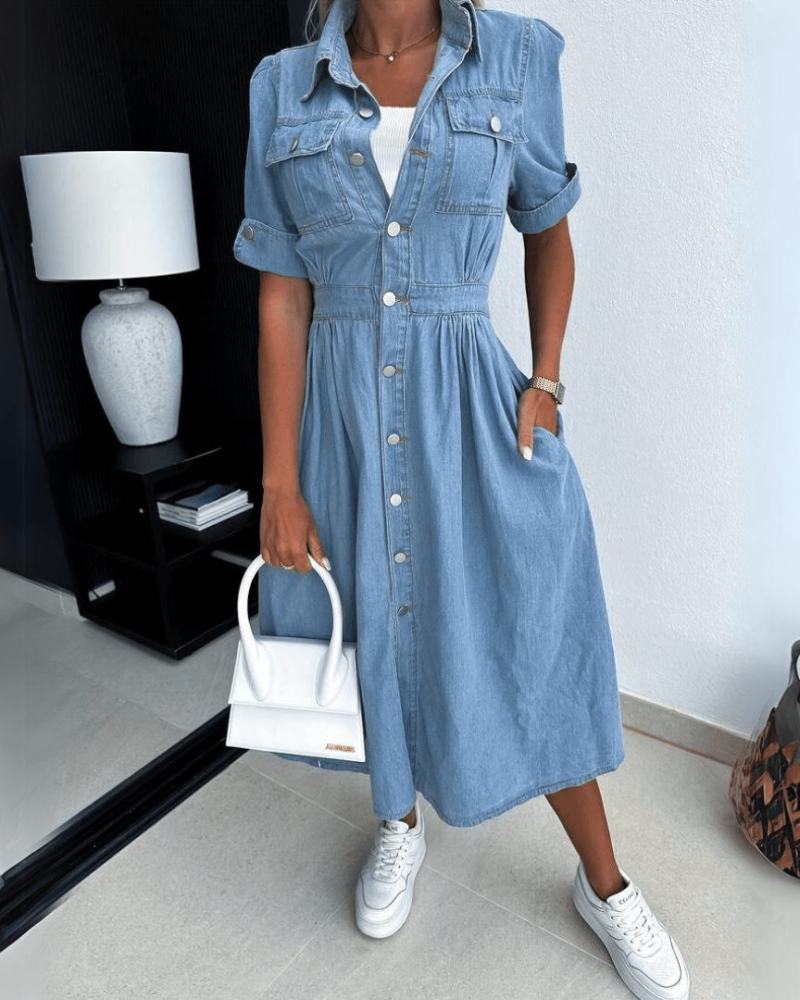 Krista Midi Dress for Women Denim – Buttoned Jean Dress, Short Sleeves & Relaxed Fit