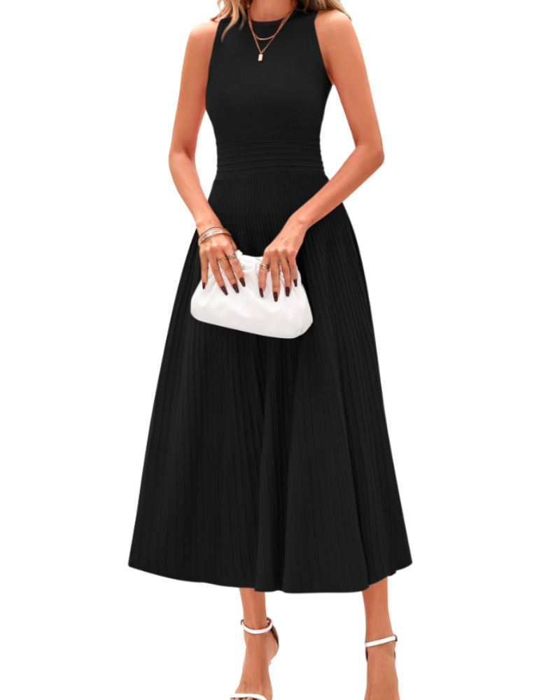 Blare Women's Dress – Elegant High-Waisted Sleeveless Pleated A-Line Midi Dress for Office