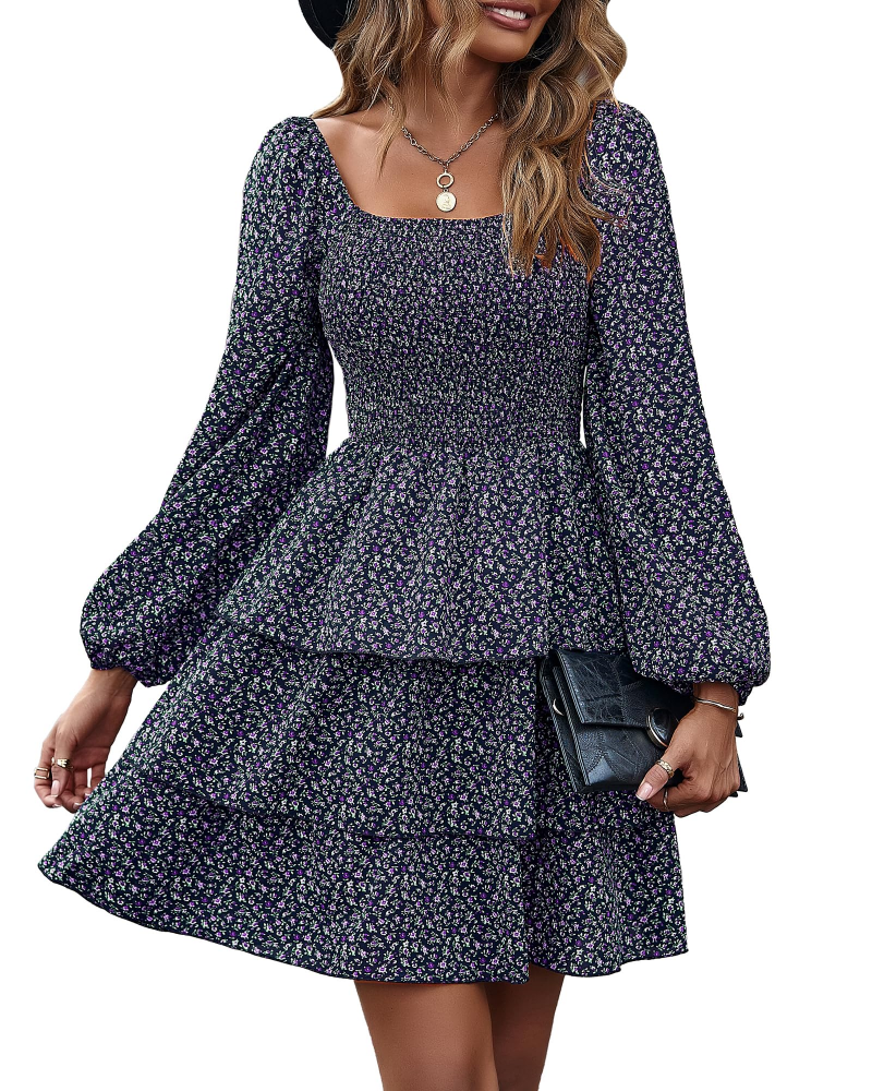Léa Women's Dress – Bohemian Mini Dress with Square Neck, Smocked High Waist, Long Sleeves, and Ruffles