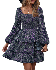 Léa Women's Dress – Bohemian Mini Dress with Square Neck, Smocked High Waist, Long Sleeves, and Ruffles
