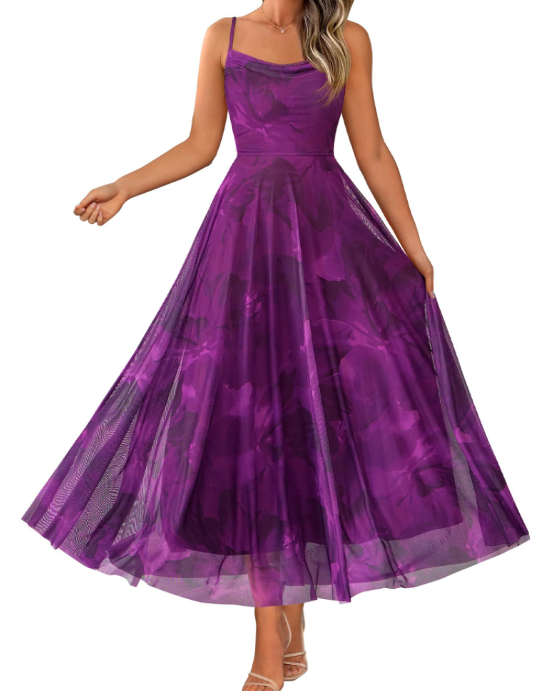 Denise Women's Dress – Floral Maxi Dress with Thin Straps, Draped Neckline, Elegant A-Line Cut