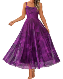 Denise Women's Dress – Floral Maxi Dress with Thin Straps, Draped Neckline, Elegant A-Line Cut