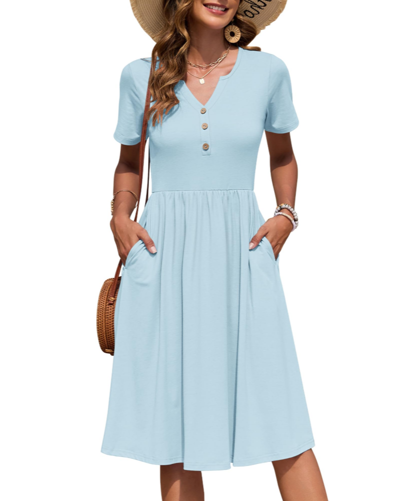 Ester Women's Dress – Mid-Length Summer Dress with V-Neck, Short Sleeves, Buttoned, Empire Waist, Pockets