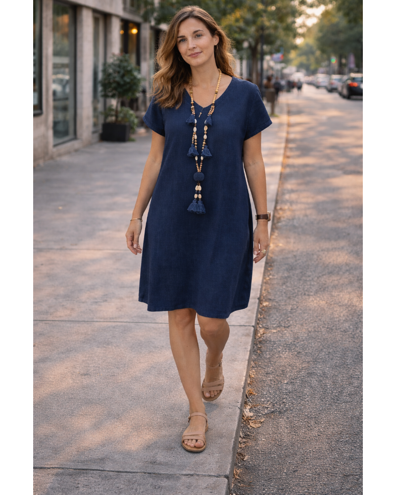 Salome Women's Dress – V-Neck Cotton Linen, Short Sleeves & A-Line Midi Cut with Pockets Summer