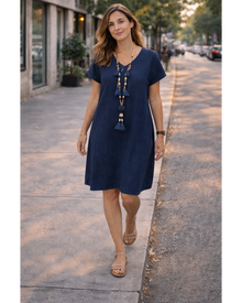 Salome Women's Dress – V-Neck Cotton Linen, Short Sleeves & A-Line Midi Cut with Pockets Summer