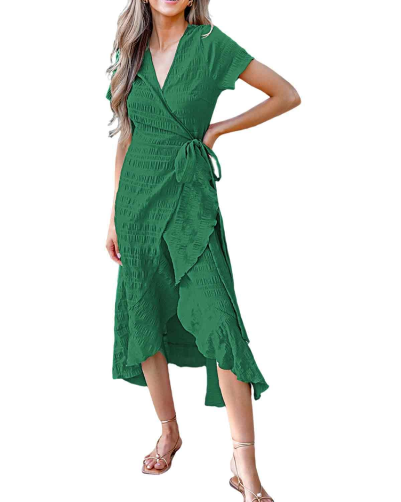 Lionie Women's Dress – Long Floral Wrap Dress with V-Neck, Short Sleeves, Ruffles, and Adjustable Waist