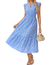 Fella Midi Dress for Women – Henley V-Neck Dress, Flared Sleeves & Smocked Waist