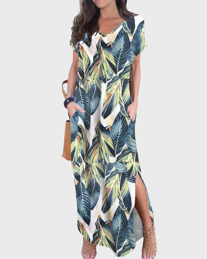 Rosenda Women's Maxi Dress – V-Neck, Short Sleeves, Flowing Fit & Slit with Pockets Summer