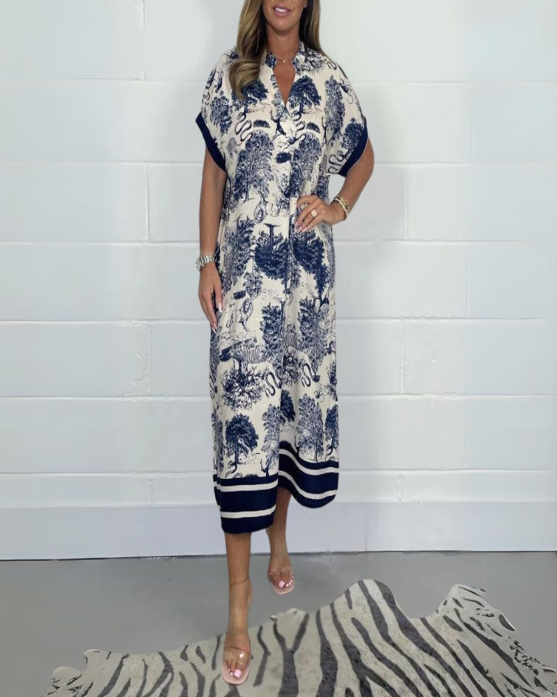 Mena Midi Dress for Women – V-Neck Dress with Short Sleeves, Flowing Cut & Elegant Comfort