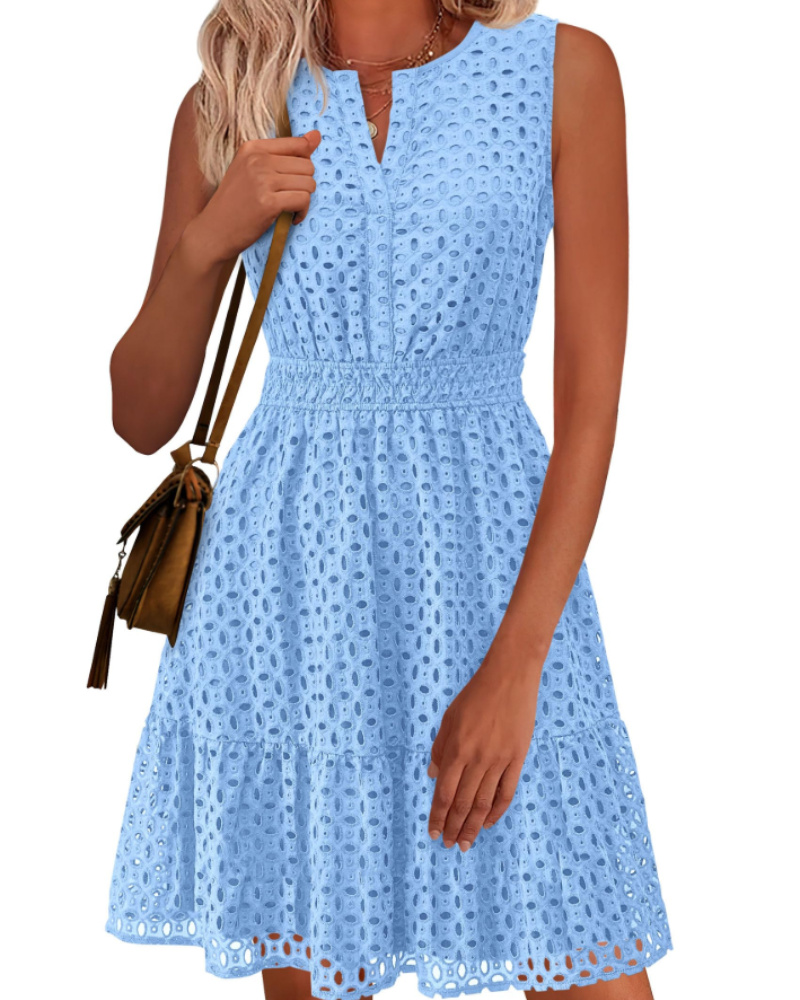 Clarisse Women's Dress – Summer A-Line Dress with V-Neck, Sleeveless, English Embroidery, Elastic Waist