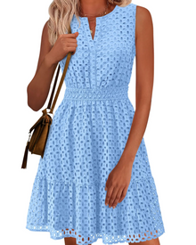 Clarisse Women's Dress – Summer A-Line Dress with V-Neck, Sleeveless, English Embroidery, Elastic Waist