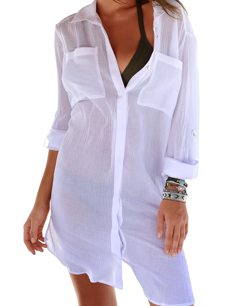 Mila Women's Beach Dress – Long Buttoned Tunic with V-Neck, Light & Elegant Summer Pareo