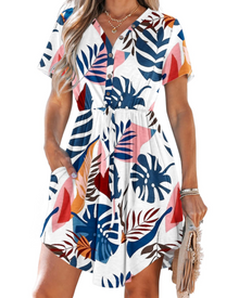Wenna Women's Dress – Mini V-Neck Dress with Short Sleeves, Drawstring Waist, and Pockets for Summer