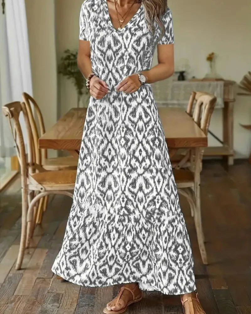 Macrina Summer Dress for Women – Flowing V-Neck Dress, A-Line Cut & Rolled-Up Sleeves
