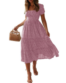 Agnes Women's Beach Dress – Floral Dress with Square Neck, Short Sleeves & Summer Style