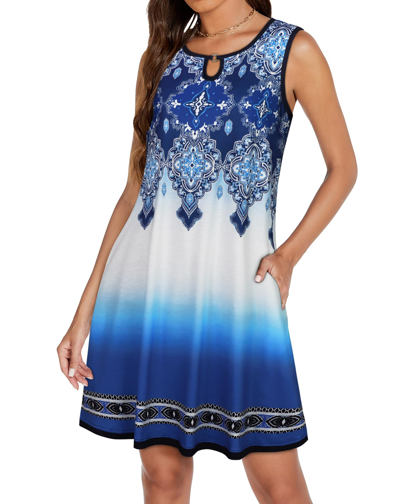 Mia Women's Dress – Sleeveless Mini Dress with Keyhole Neckline, Flowing Fabric, and Pockets, Casual Summer