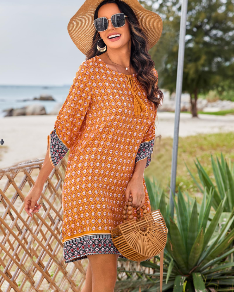 Cella Bohemian Dress for Women – Floral Tunic Dress with V-Neck, 3/4 Sleeves & Flowing Fit