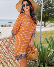 Cella Bohemian Dress for Women – Floral Tunic Dress with V-Neck, 3/4 Sleeves & Flowing Fit
