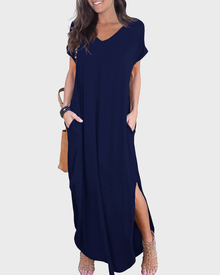 Rosenda Women's Maxi Dress – V-Neck, Short Sleeves, Flowing Fit & Slit with Pockets Summer