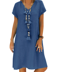 Salome Women's Dress – V-Neck Cotton Linen, Short Sleeves & A-Line Midi Cut with Pockets Summer