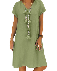 Salome Women's Dress – V-Neck Cotton Linen, Short Sleeves & A-Line Midi Cut with Pockets Summer